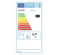 Étiquette énergie UE pour poêle à granulés FreePoint ROXY 7 T2, classe d'efficacité énergétique A plus et puissance de 6,9 kilowatts.
