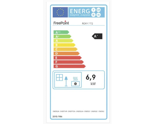 Étiquette énergie UE pour poêle à granulés FreePoint ROXY 7 T2, classe d'efficacité énergétique A plus et puissance de 6,9 kilowatts.