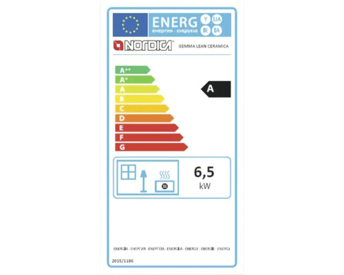Étiquette énergie UE pour poêle La Nordica Gemma Lean Ceramica, classe énergétique A et puissance nominale de 6,5 kilowatts.