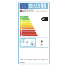 Energieeffizienzlabel A plus für La Nordica Kaminofen Rossella R1.16 Ceramica mit 9 Kilowatt Heizleistung.