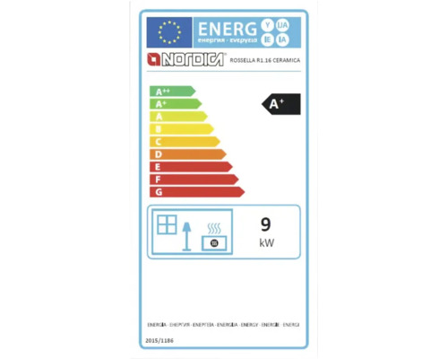 Energieeffizienzlabel A plus für La Nordica Kaminofen Rossella R1.16 Ceramica mit 9 Kilowatt Heizleistung.