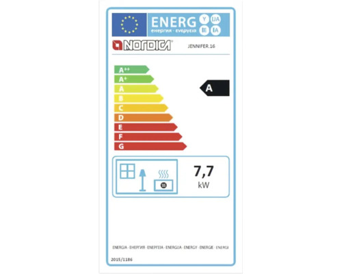 Étiquette énergie UE pour poêle La Nordica Jennifer 16 avec classe énergétique A et puissance de 7,7 kilowatts.