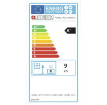 Etiquette d energie pour poele La Nordica Rossella R1.16 Ceramica classe A plus avec une puissance de 9 kilowatts.
