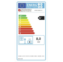 Etiquette energie pour poele La Nordica Ester Forno 5.0 avec classe energetique A Plus et puissance de 8 kilowatts.