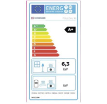 Étiquette énergie pour poêle Nordpeis Folldal 10 avec classe énergétique A plus et une puissance de chauffage de 6,3 kilowatts.