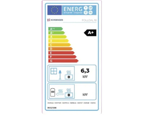 Étiquette énergie pour poêle Nordpeis Folldal 10 avec classe énergétique A plus et une puissance de chauffage de 6,3 kilowatts.
