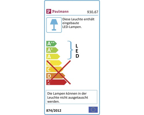 Energielabel Paulmann. Diese Leuchte enthält eingebaute LED Lampen. Die Lampen können in der Leuchte nicht ausgetauscht werden.