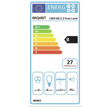 Étiquette énergie Exquisit UBH 08-2.2 Inox Look avec classe d''efficacité énergétique B, consommation d''énergie annuelle de 27 kilowattheures, émission sonore de 65 décibels