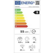Energielabel für Waschmaschine mit Energieeffizienzklasse B, 55 Kilowattstunden pro 100 Zyklen, 8,0 Kilogramm Fassungsvermögen, 3 Stunden 38 Minuten Programmdauer, 48 Liter Wasserverbrauch und 72 Dezibel Geräuschentwicklung