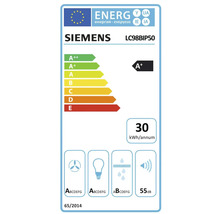 Siemens Energielabel LC98BIP50 mit Energieeffizienzklasse A+, jährlichem Energieverbrauch von 30 kWh und Lautstärke 55 dB