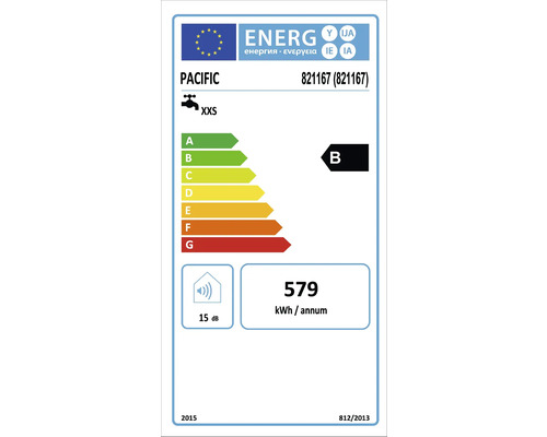 Étiquette énergétique pour PACIFIC avec le numéro d''identification 821167, classe d''efficacité énergétique B, consommation énergétique annuelle de 579 kilowattheures et émissions sonores de 15 décibels.