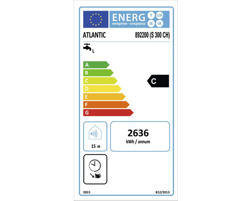 Étiquette énergétique pour chauffe-eau Atlantic avec classe d’efficacité énergétique C, consommation électrique annuelle de 2636 kilowattheures et niveau sonore de 15 décibels