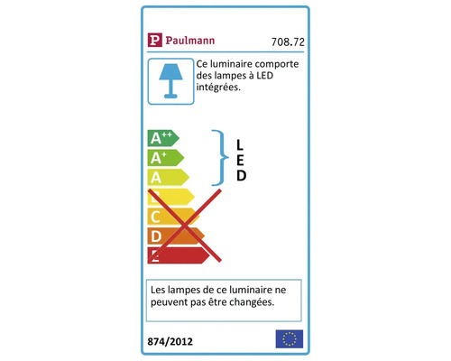 Logo Paulmann. Étiquette énergétique avec des informations sur les lampes LED intégrées qui ne peuvent pas être remplacées.