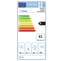Étiquette énergétique pour hotte aspirante avec classe d''efficacité énergétique B, consommation énergétique annuelle de 61 kilowattheures et émission sonore de 67 décibels