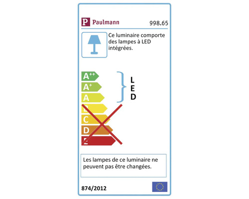 Logo Paulmann. Classe d''efficacité énergétique de A à E. Les lampes de ce luminaire ne peuvent pas être changées.