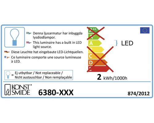 Étiquette énergétique avec des informations sur les sources lumineuses LED intégrées et la lampe non remplaçable, marque Konstsmide