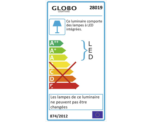 Logo Globo Lighting avec classe d''efficacité énergétique A à A++ et indication que les lampes ne peuvent pas être remplacées.