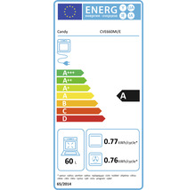 Logo Candy, étiquette énergétique CVE660MI/E avec classe d''efficacité énergétique A, consommation d''énergie 0.77 kilowattheure par cycle en mode normal et 0.76 kilowattheure par cycle en mode convection, volume 60 litres