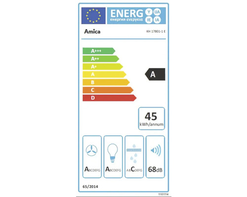 Étiquette énergétique Amica avec classe d''efficacité énergétique A, consommation d''énergie 45 kWh par an et émissions sonores 68 dB