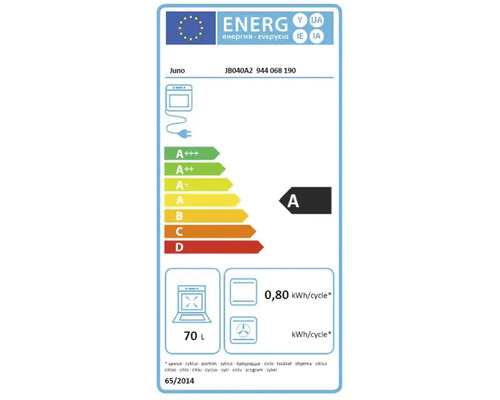 Étiquette énergétique Juno avec classe d''efficacité énergétique A, volume de 70 litres et consommation électrique de 0,80 kilowattheure par cycle