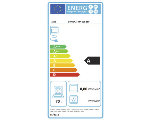 Étiquette énergétique Juno avec classe d''efficacité énergétique A, volume de 70 litres et 0,80 kWh par cycle