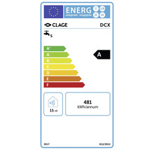 Clage Energieetikett DCX mit Energieeffizienzklasse A und einem jährlichen Energieverbrauch von 481 Kilowattstunden