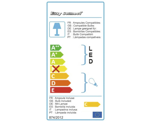 Étiquette énergétique pour les sources lumineuses avec des informations sur les sources lumineuses compatibles et une lampe incluse