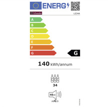 Energielabel mit Energieeffizienzklasse G, jährlichem Energieverbrauch von 140 Kilowattstunden, Fassungsvermögen von 34 Flaschen und Geräuschemission von 40 Dezibel