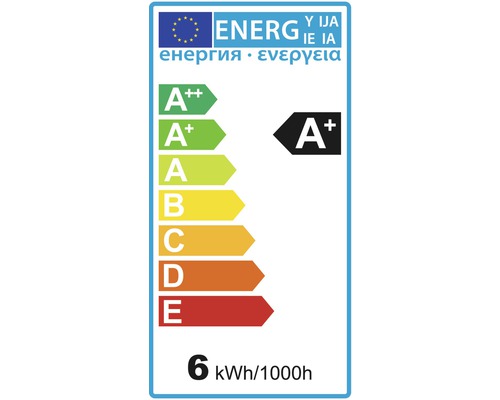 Energieeffizienzlabel A+ mit einem Verbrauch von 6 kWh pro 1000 Stunden