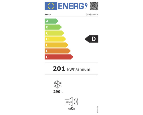 Étiquette énergétique Bosch avec classe d''efficacité énergétique D, consommation d''énergie 201 kWh par an, volume du compartiment congélateur 290 litres et émission sonore 38 décibels.