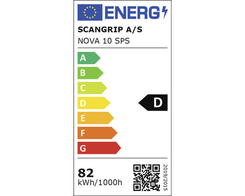 Energielabel Scangrip NOVA 10 SPS, Energieeffizienzklasse D, 82 Kilowattstunden pro 1000 Stunden