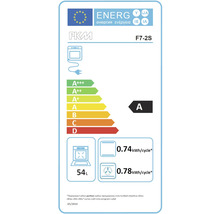 Étiquette énergétique PKM F7-2S avec classe d''efficacité énergétique A, consommation électrique de 0,74 kilowattheure par cycle, volume de 54 litres