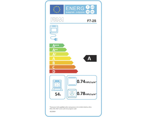 Étiquette énergétique PKM F7-2S avec classe d''efficacité énergétique A, consommation électrique de 0,74 kilowattheure par cycle, volume de 54 litres