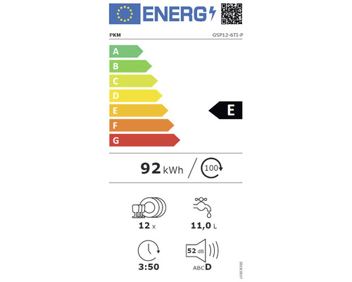 Étiquette énergétique PKM GSP12-6TI-P : classe d’efficacité énergétique E, consommation d’énergie annuelle 92 kilowattheures, 12 couverts, consommation d’eau 11,0 litres, niveau sonore 52 décibels.