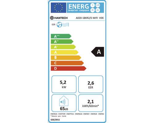 Étiquette énergétique pour le climatiseur Hantech A020-18KR2/E-WIFI VDE