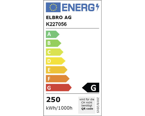 Étiquette énergétique avec classe d''efficacité énergétique G et une consommation de 250 kWh pour 1000 heures.