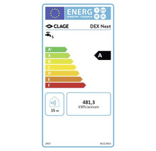 Energielabel für Clage DEX Next: Energieeffizienzklasse A, jährlicher Energieverbrauch 481,3 Kilowattstunden, Geräuschemission 15 Dezibel