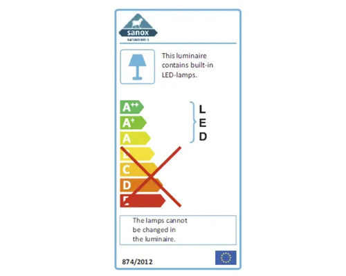 Étiquette d''efficacité énergétique avec des informations sur la LED intégrée et l''impossibilité de remplacer les lampes