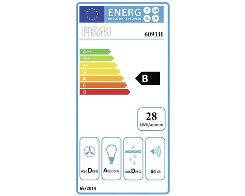 Logo PKM, classe d''efficacité énergétique B, consommation d''énergie 28 kilowattheures par an, niveau sonore 64 décibels
