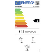Energielabel Wolkenstein mit Energieeffizienzklasse E, jährlichem Energieverbrauch von 142 Kilowattstunden, Gefrierfach 14 Liter, Kühlfach 104 Liter und Geräuschemission 39 Dezibel.