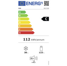 Energielabel PKM KG173CB mit Energieeffizienzklasse C, jährlichem Energieverbrauch von 112 Kilowattstunden, Gefrierfach 38 Liter, Kühlfach 123 Liter und Geräuschemission 40 Dezibel