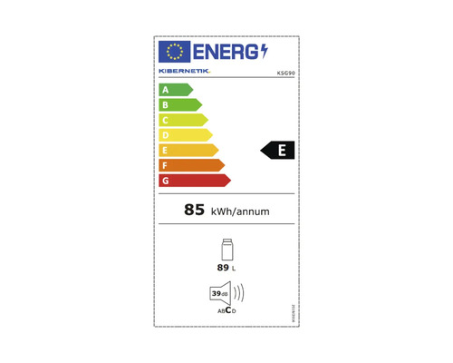 Energielabel der Marke Kibernetik mit der Energieeffizienzklasse E, einem jährlichen Energieverbrauch von 85 Kilowattstunden, einem Nutzinhalt von 89 Litern und einer Geräuschemission von 39 Dezibel