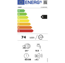 Candy Energielabel für Geschirrspüler, Klasse C, Energieverbrauch 74 kWh pro 100 Zyklen, 14 Maßgedecke, Wasserverbrauch 9,5 Liter, Geräuschpegel 46 dB, Programmdauer 3 Stunden 58 Minuten