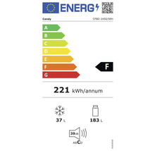 Étiquette énergétique de la marque Candy avec la classe d''efficacité énergétique F, une consommation énergétique annuelle de 221 kilowattheures, un volume de congélation de 37 litres et un volume de réfrigération de 183 litres.