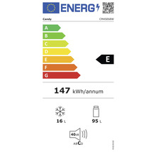 Étiquette énergie Candy avec classe d''efficacité énergétique E, consommation d''énergie annuelle de 147 kWh, volume de congélation de 16 litres, volume de réfrigération de 95 litres et niveau sonore de 40 décibels.
