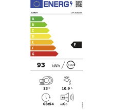 Energielabel Candy Geschirrspüler, Energieeffizienzklasse E, 93 Kilowattstunden pro 100 Spülgänge, 13 Maßgedecke, 10,9 Liter Wasserverbrauch, 49 Dezibel Geräuschentwicklung, Programmdauer 3 Stunden 54 Minuten