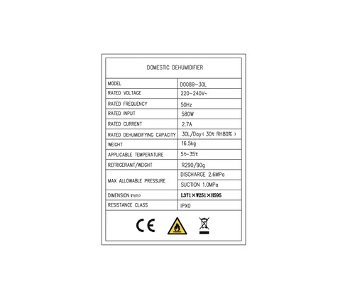 Plaque signalétique avec les données techniques d''un déshumidificateur domestique