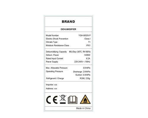 Plaque signalétique d''un déshumidificateur avec données techniques et symboles de sécurité