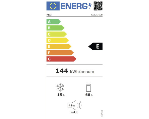 Energielabel PKM KS82.3EUB mit Energieeffizienzklasse E, jährlichem Energieverbrauch von 144 kWh, Gefrierfach 15 Liter, Kühlfach 68 Liter und Lautstärke 41 Dezibel