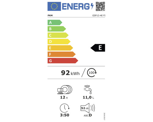 Étiquette énergétique PKM GSP12-4E FI avec classe d''efficacité énergétique E, consommation électrique 92 kWh pour 100 cycles, 12 couverts, consommation d''eau 11,0 litres, niveau sonore 52 décibels, durée du programme 3h50